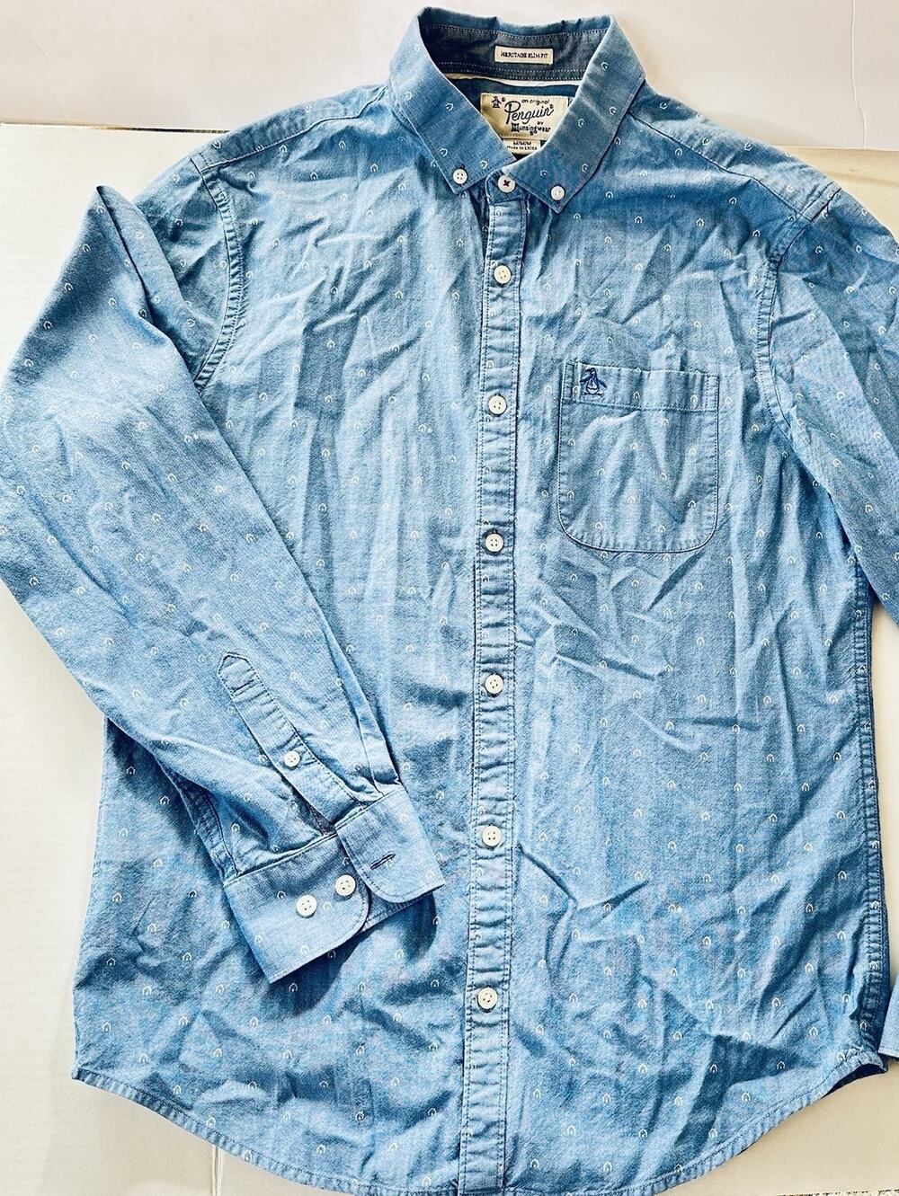 Penguin Munsingwear Men's Medium Long Sleeve Shirt Heritage Slim Fit Blue White